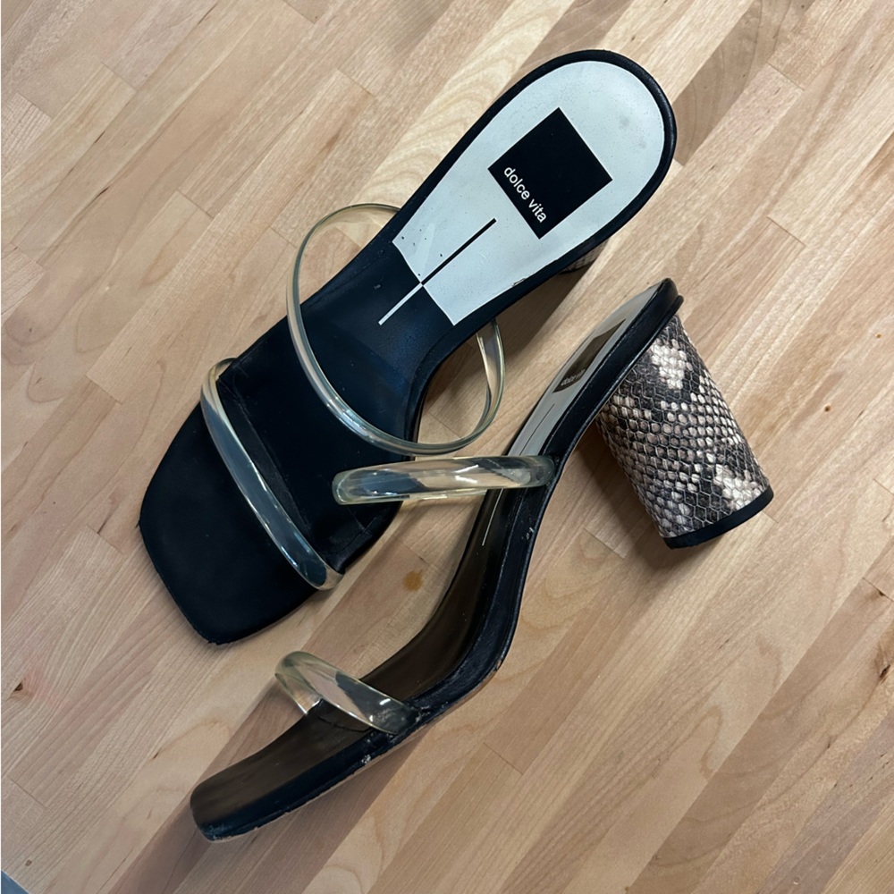 DOLCE VITA Black + Clear Strap Noles Heels with Snakeskin Heel